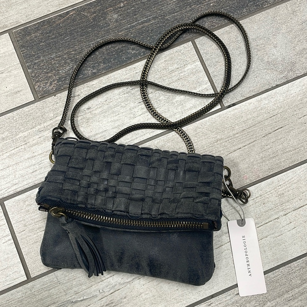 Anthropologie gray woven cross body bag with removable chain